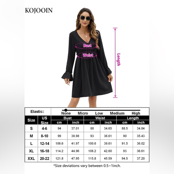 Womens V Neck Long Sleeve Dress Ruffle Tie Waist Drawstring Flowy Mini Dress 2X - Picture 8 of 8